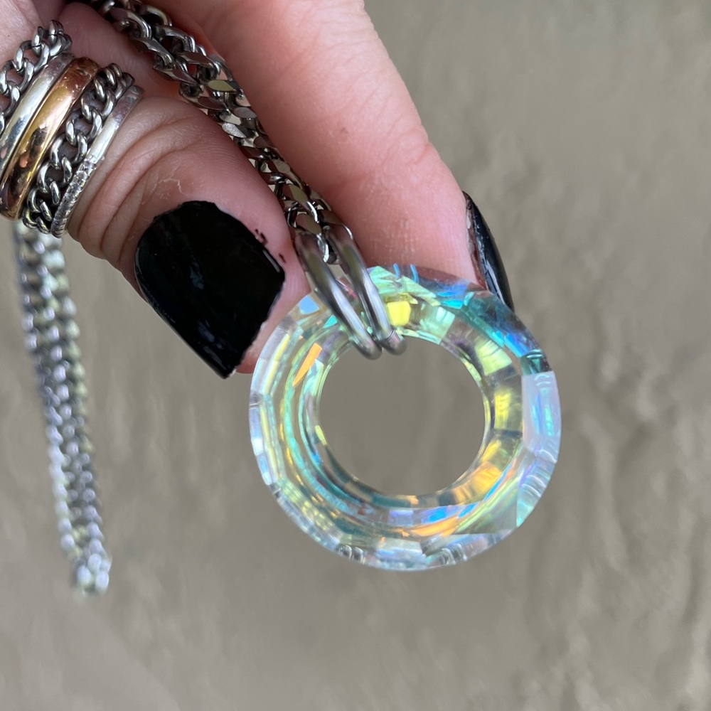 Rainbow Crystal necklace . Swarovski iridescent circle steel cuban chain choker - Picture 13 of 16
